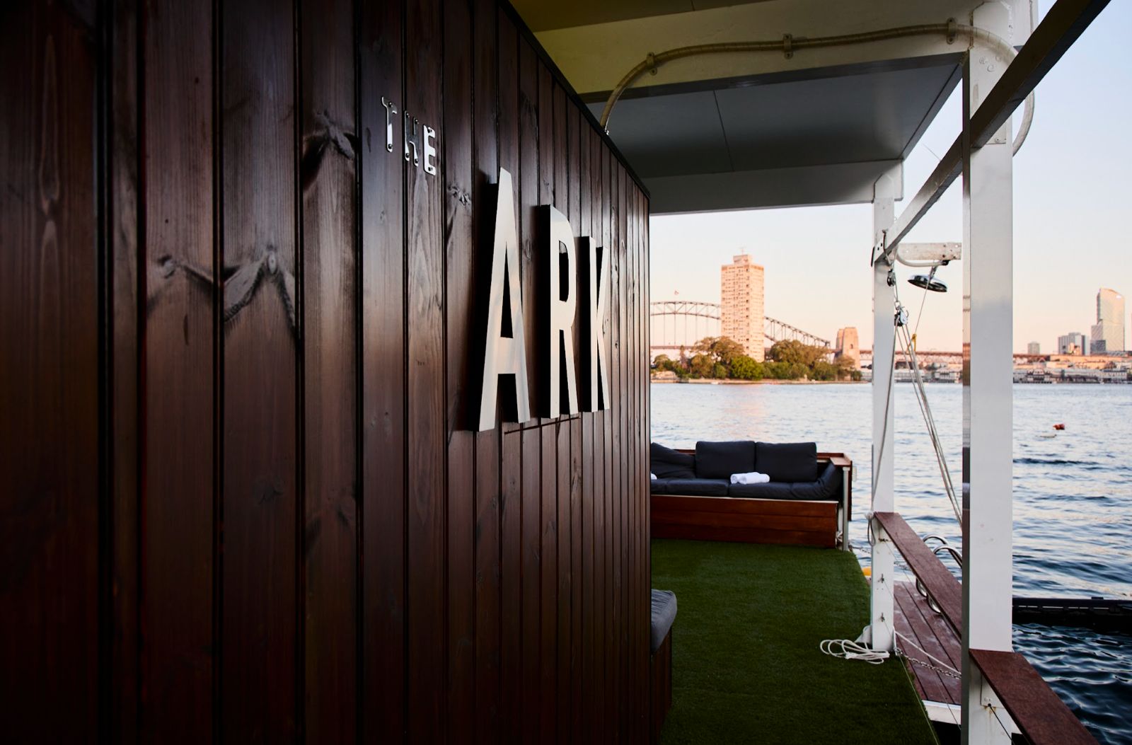 The ARK floating sauna overlooking Sydney Harbour